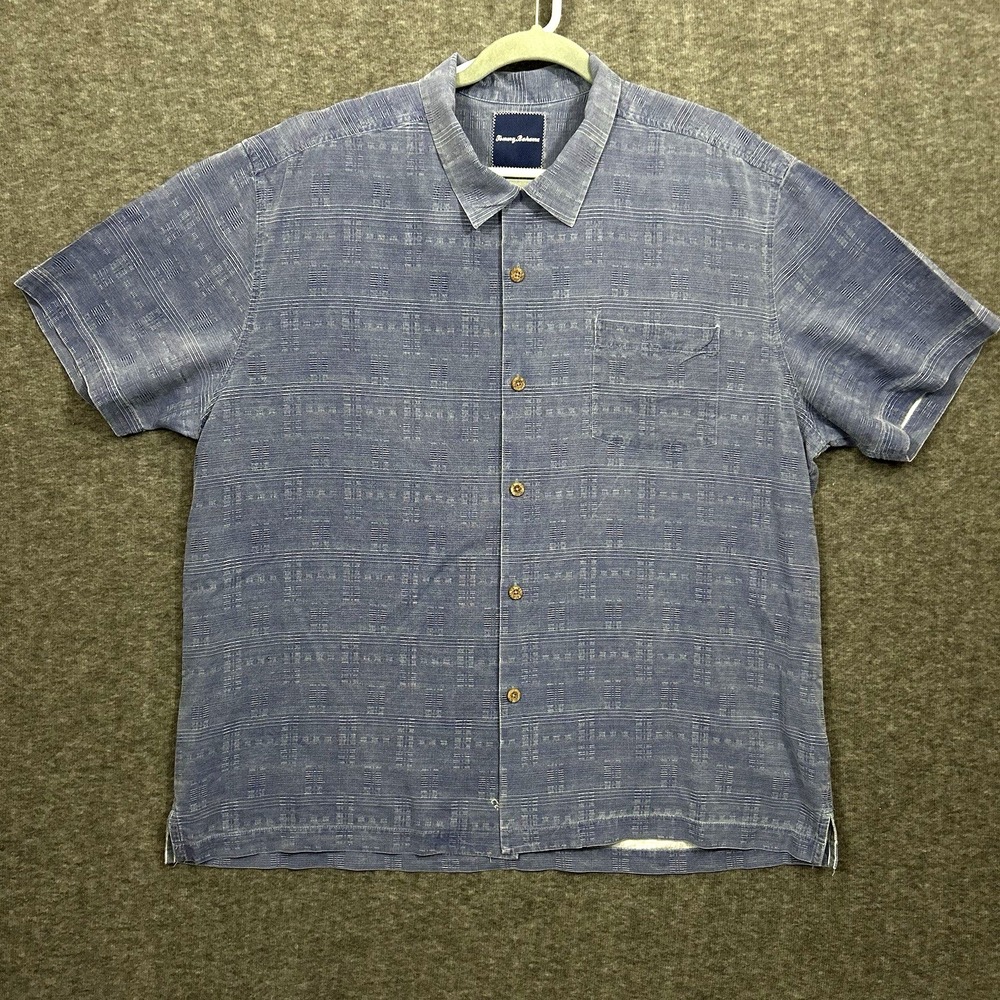Tommy Bahama 100% Silk Short Sleeve Hawaiian Camp Shirt Men 2XL Blue Herringbone